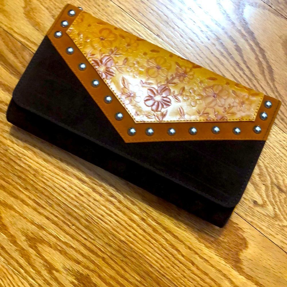 VINTAGE STYLE Embossed tan leather metal studded brown velvet clutch NWOT
